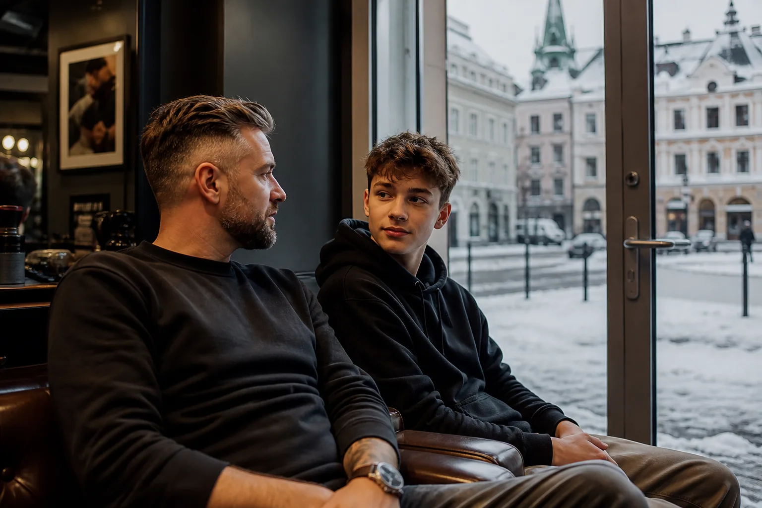 Otec a syn čekají na střih v barber shopu v Liberci